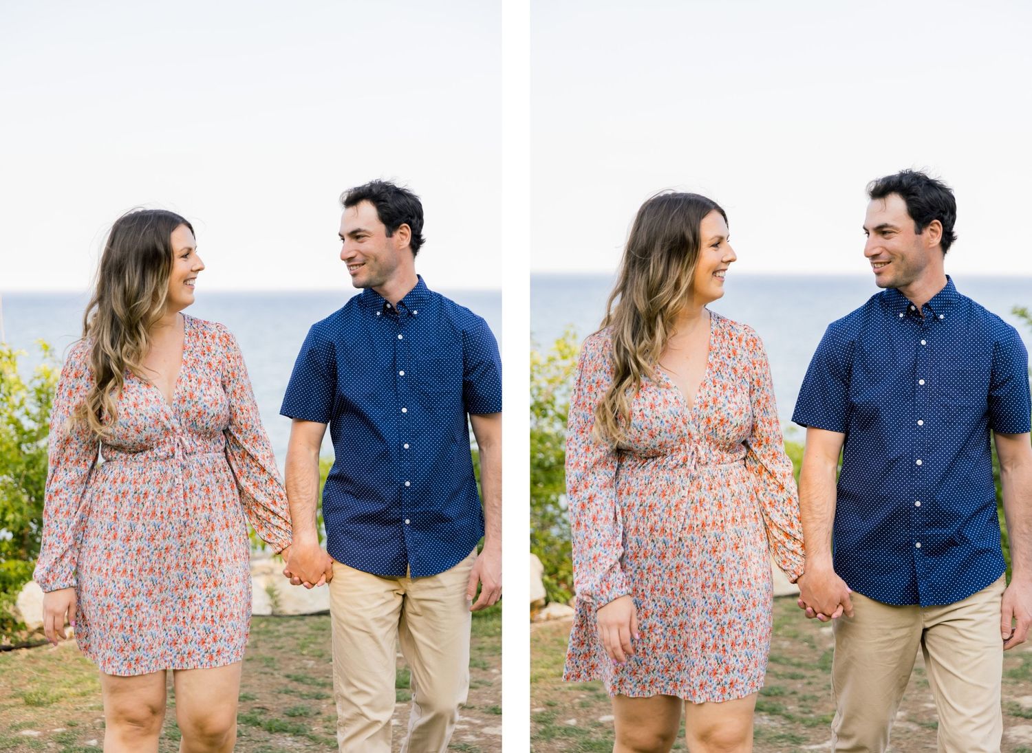 Couple in matching navy and floral outfits share loving moments by the seaside.