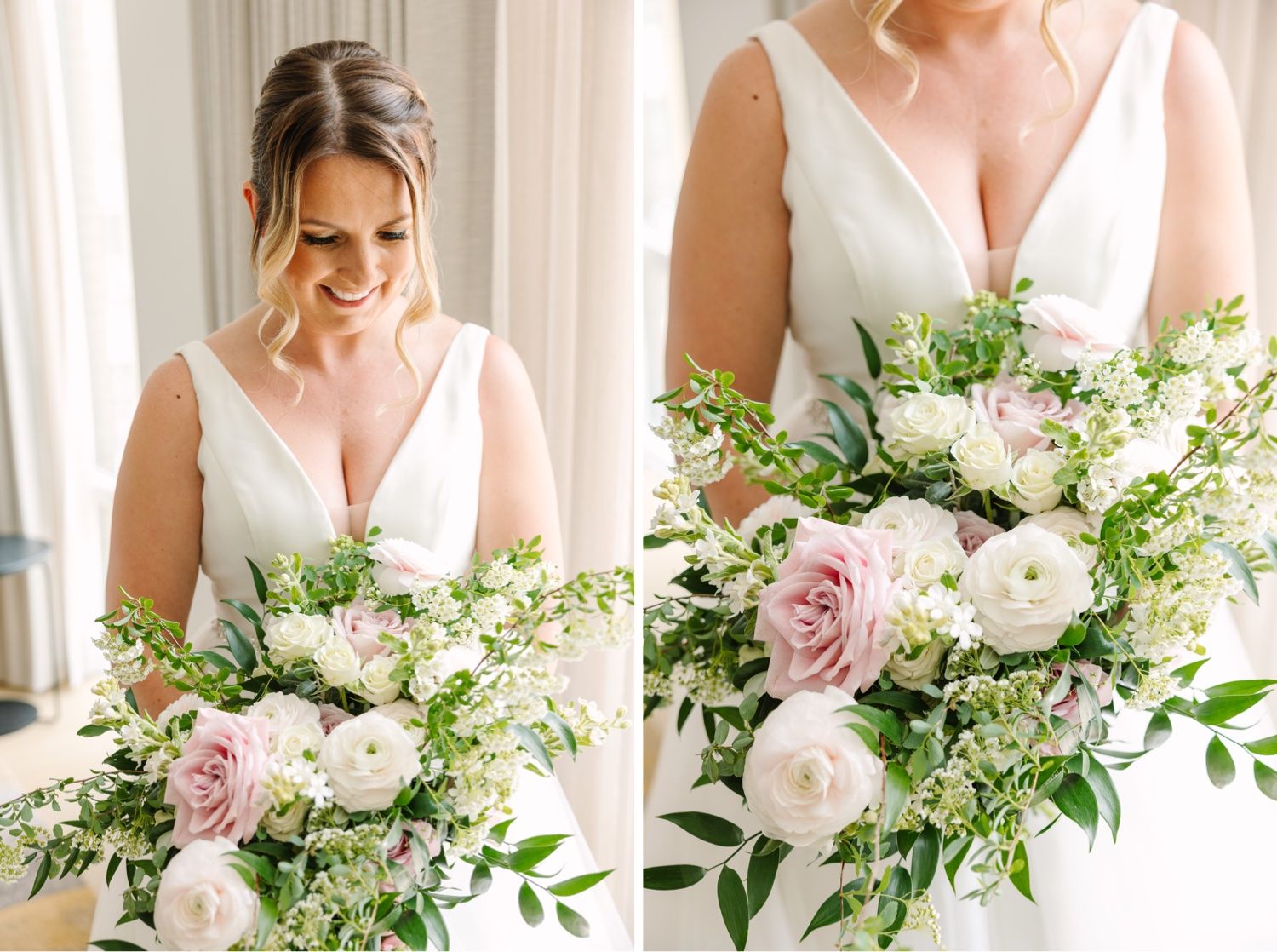Elegant bridal bouquet featuring soft pink and white roses with delicate greenery.