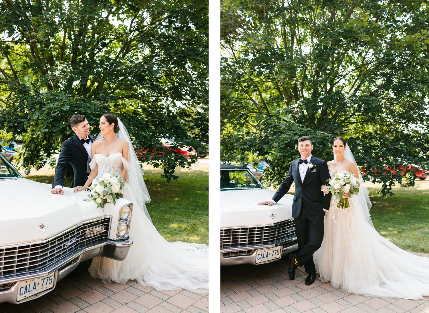 Wedding couple poses with classic white Cadillac in split-view outdoor wedding photos.