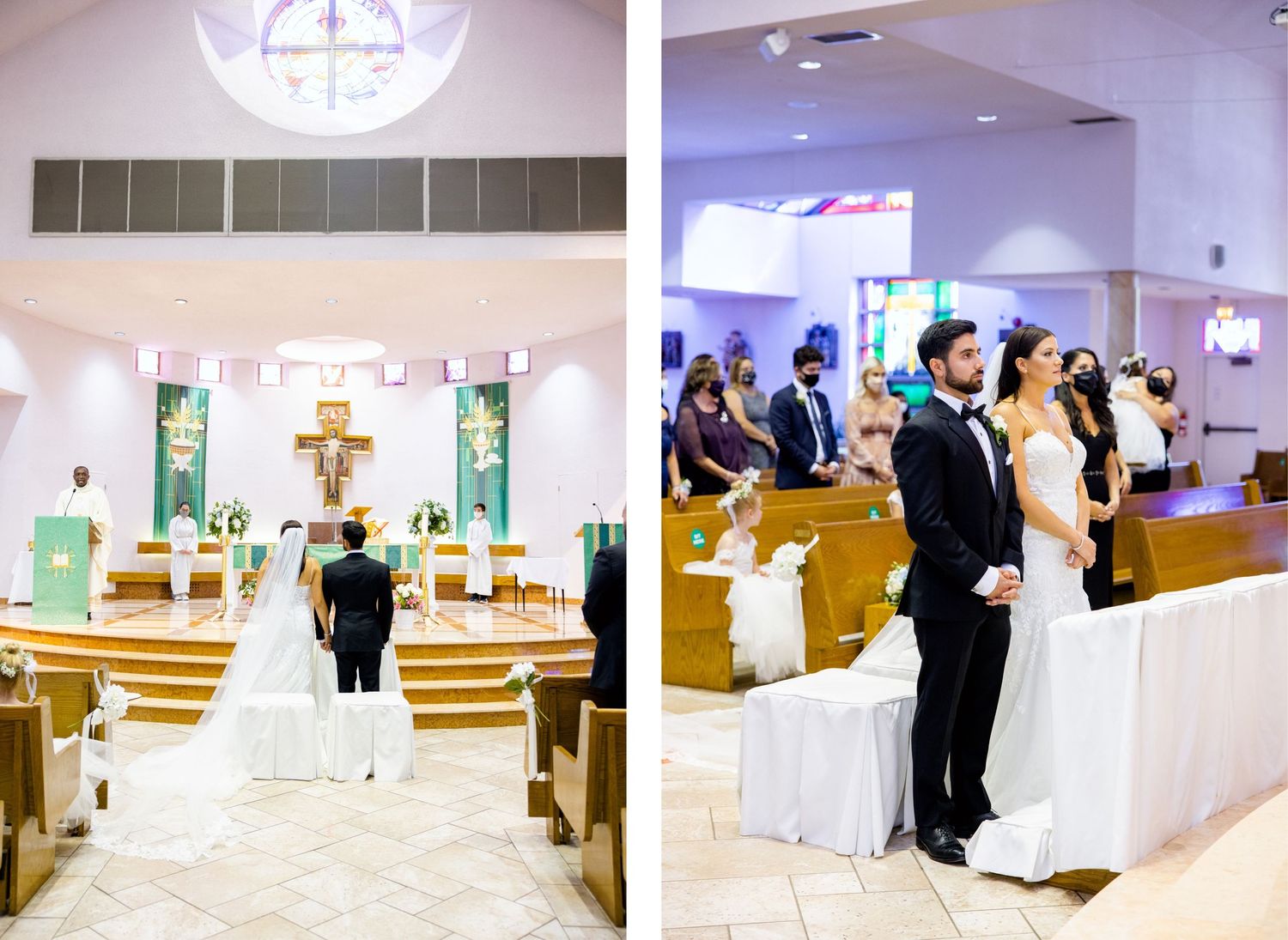 Modern church interior with white walls and wooden pews during a wedding ceremony.
