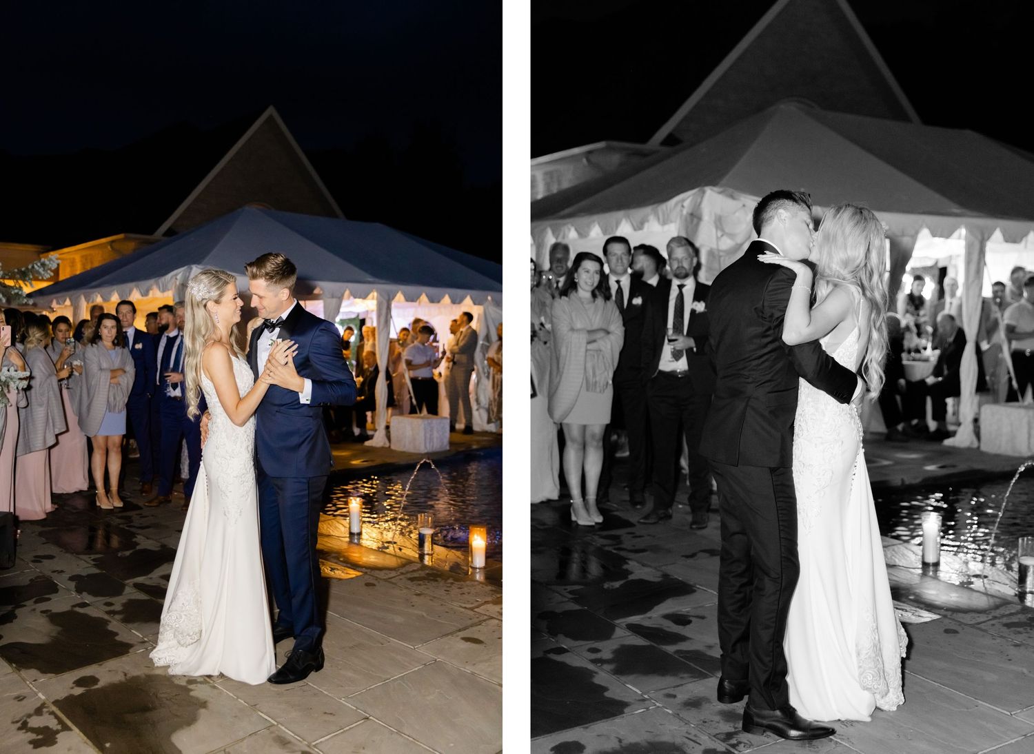 Evening wedding reception photos showing couple's romantic first dance under tent lighting.