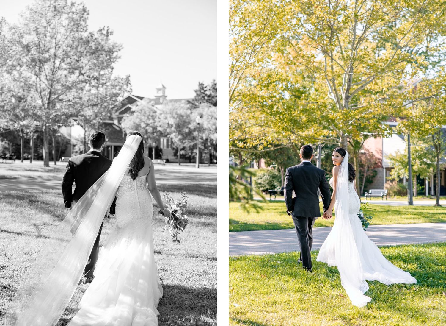 Side-by-side wedding photos showing a couple walking away on a path surrounded by trees.