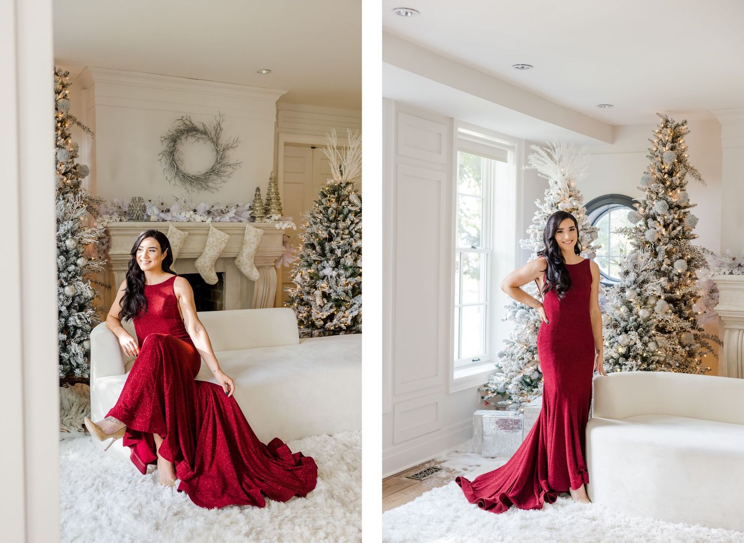 Festive holiday photoshoot featuring flowing red gown against white Christmas trees and winter decor.