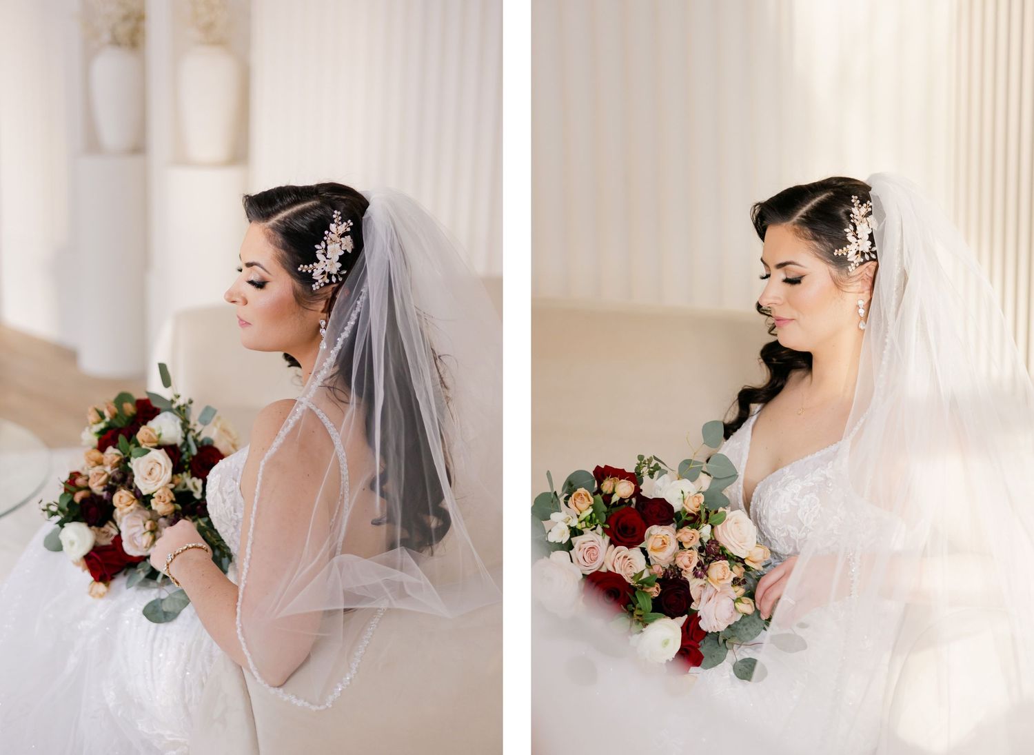 Side-by-side romantic bridal portraits with flowing veil and bouquet.