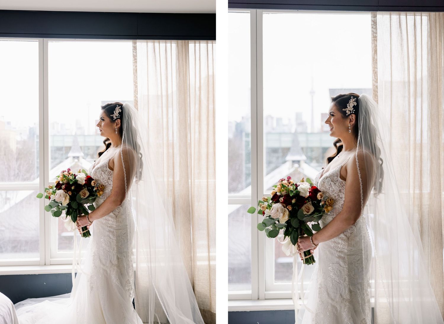 Bride in fitted lace dress poses with floral bouquet by sunlit window in two side-by-side shots.
