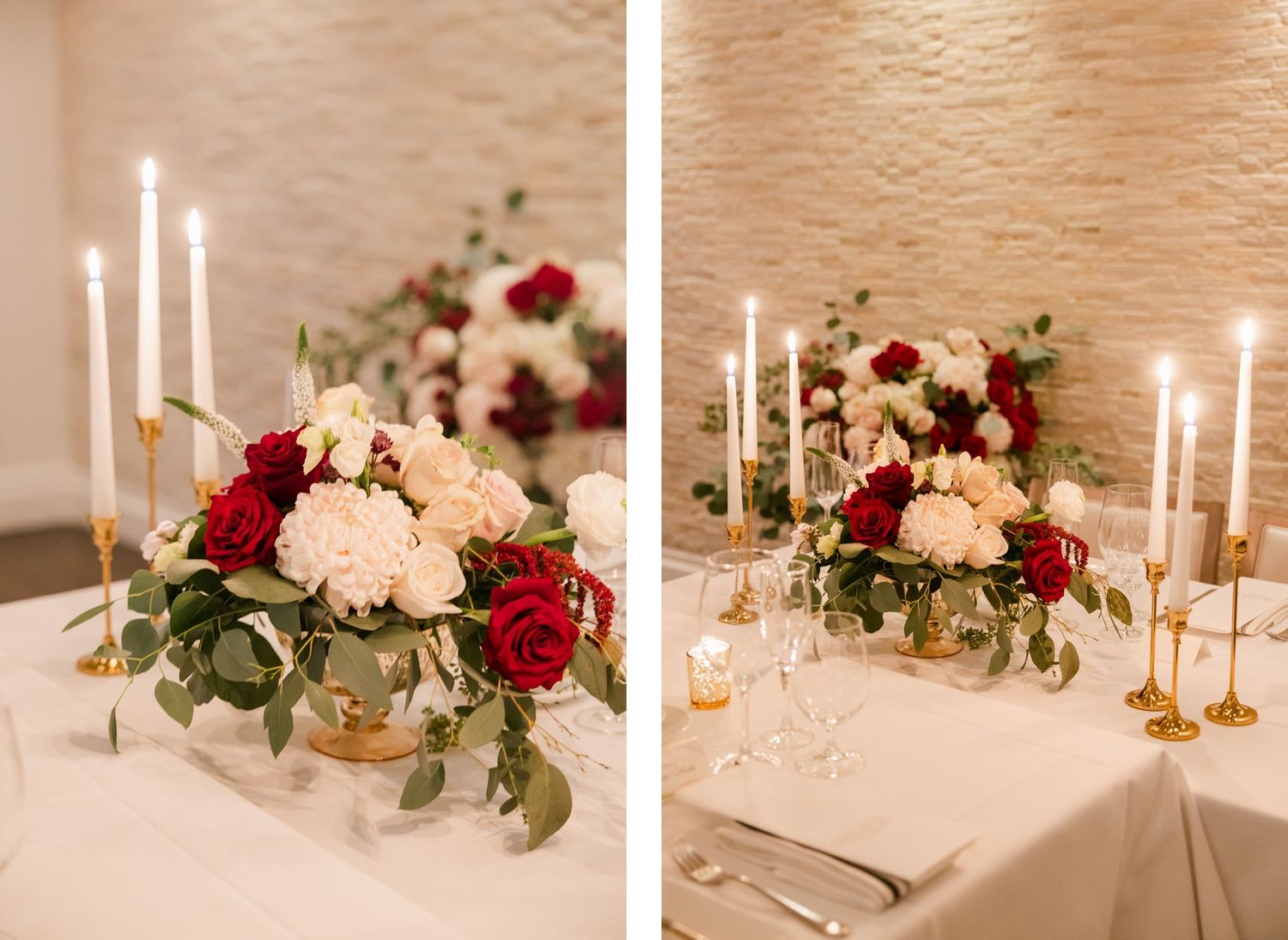 Romantic tablescape featuring lush floral arrangements in red and pink with glowing taper candles.