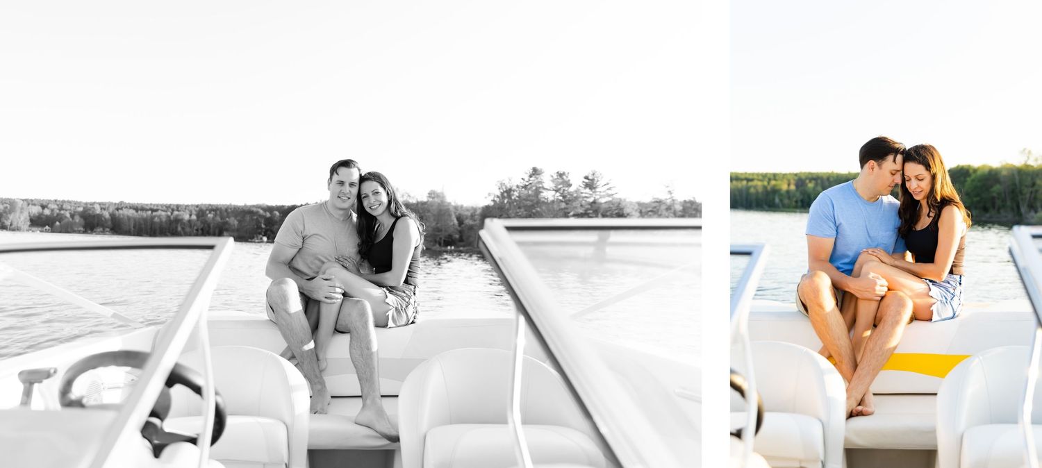 Side-by-side boat photos showing a couple in both black and white and color formats.