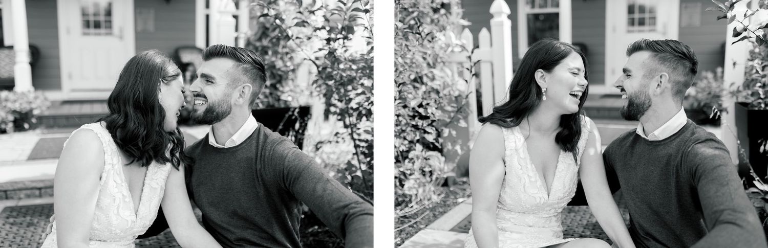 A couple shares a tender moment together in black and white portraits.