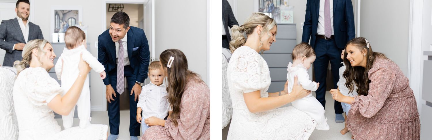 Group gathered in a bedroom for what appears to be a special occasion.