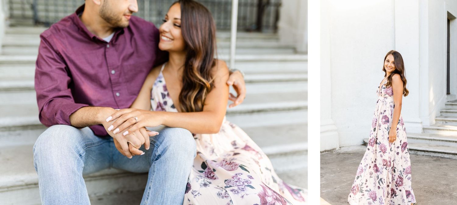 A split image showing couple on steps and solo shot in floral dress by white column.