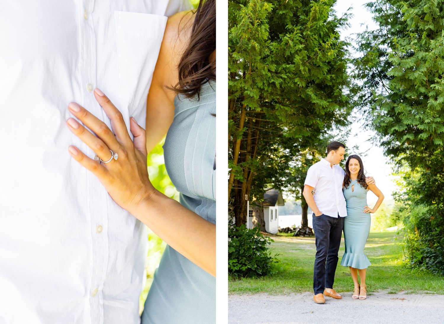 A split image showing hands with engagement ring and a couple walking on a tree-lined path in summer.