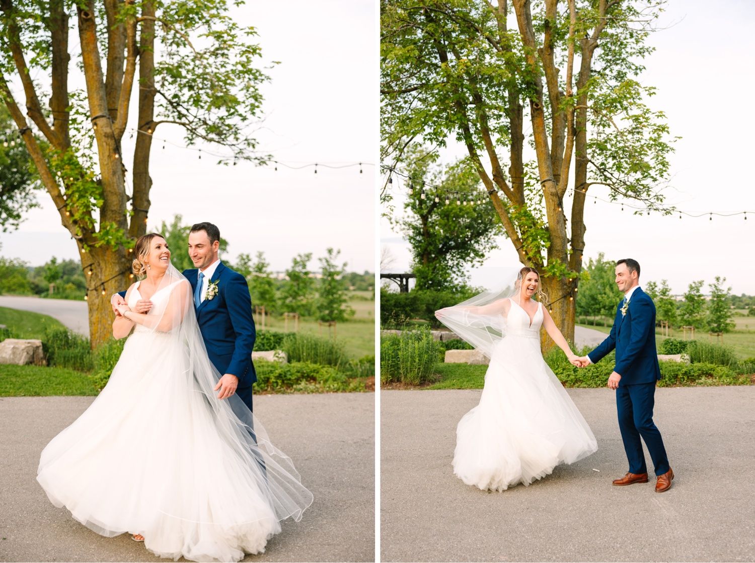 Wedding couple dances and spins together under a large tree with string lights.