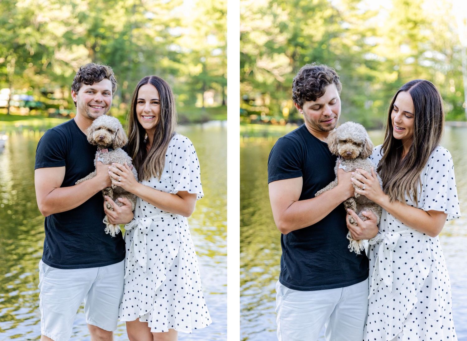 Happy couple poses with their small dog by lakeside in matching casual outfits.
