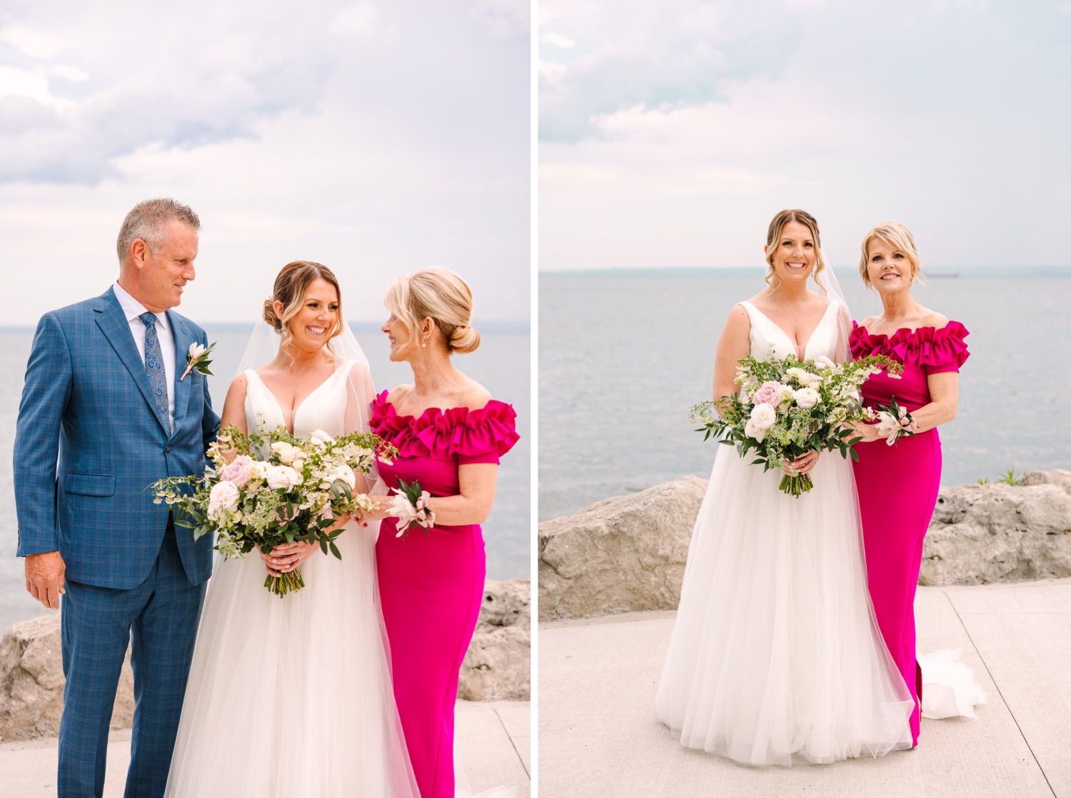 Wedding party poses by the lake with the bride in white and attendant in bright pink.