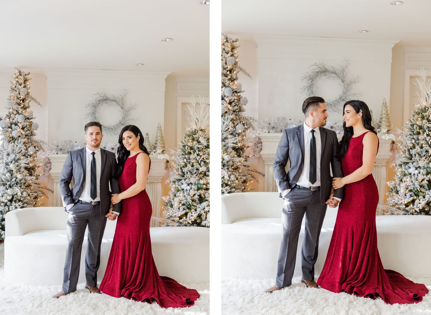 Side-by-side formal portraits of couple in red dress and grey suit with decorated Christmas trees.