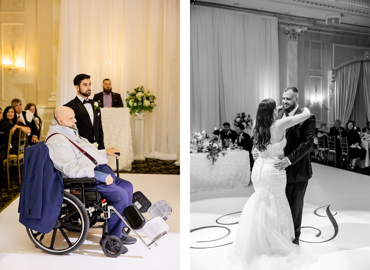 A heartfelt dance captured in both color and monochrome at an elegant wedding reception.