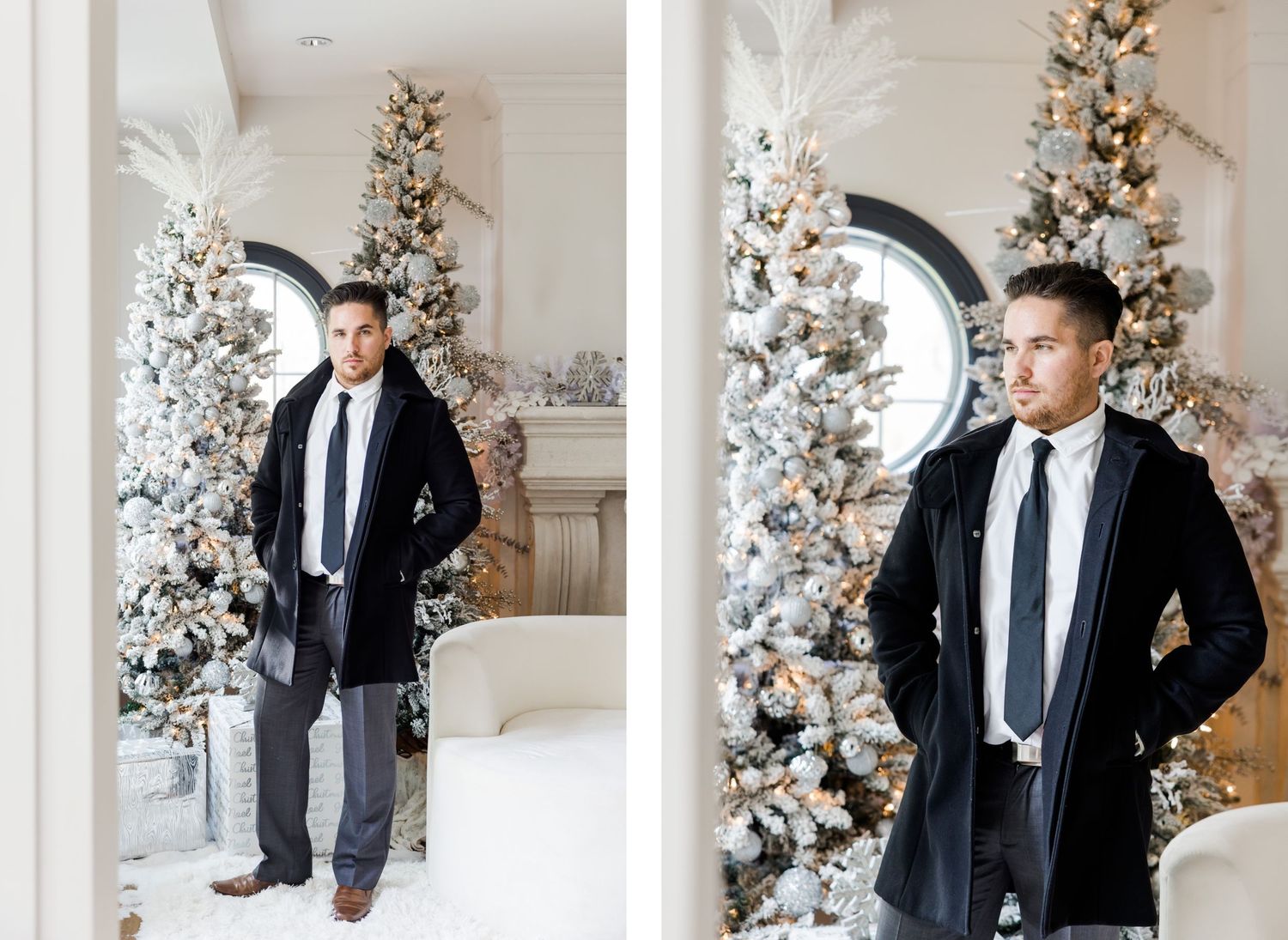 Professional portrait with winter coat and suit among flocked Christmas trees and holiday decor.