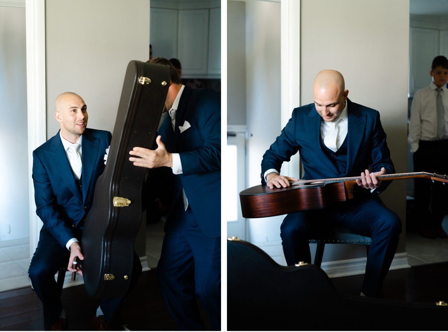 Two photos of groom with guitar case preparing for wedding day performance.