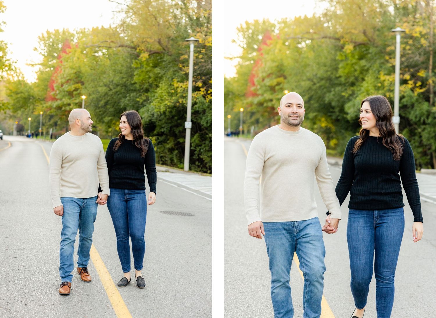 Side-by-side photos of couple walking and holding hands on tree-lined path.