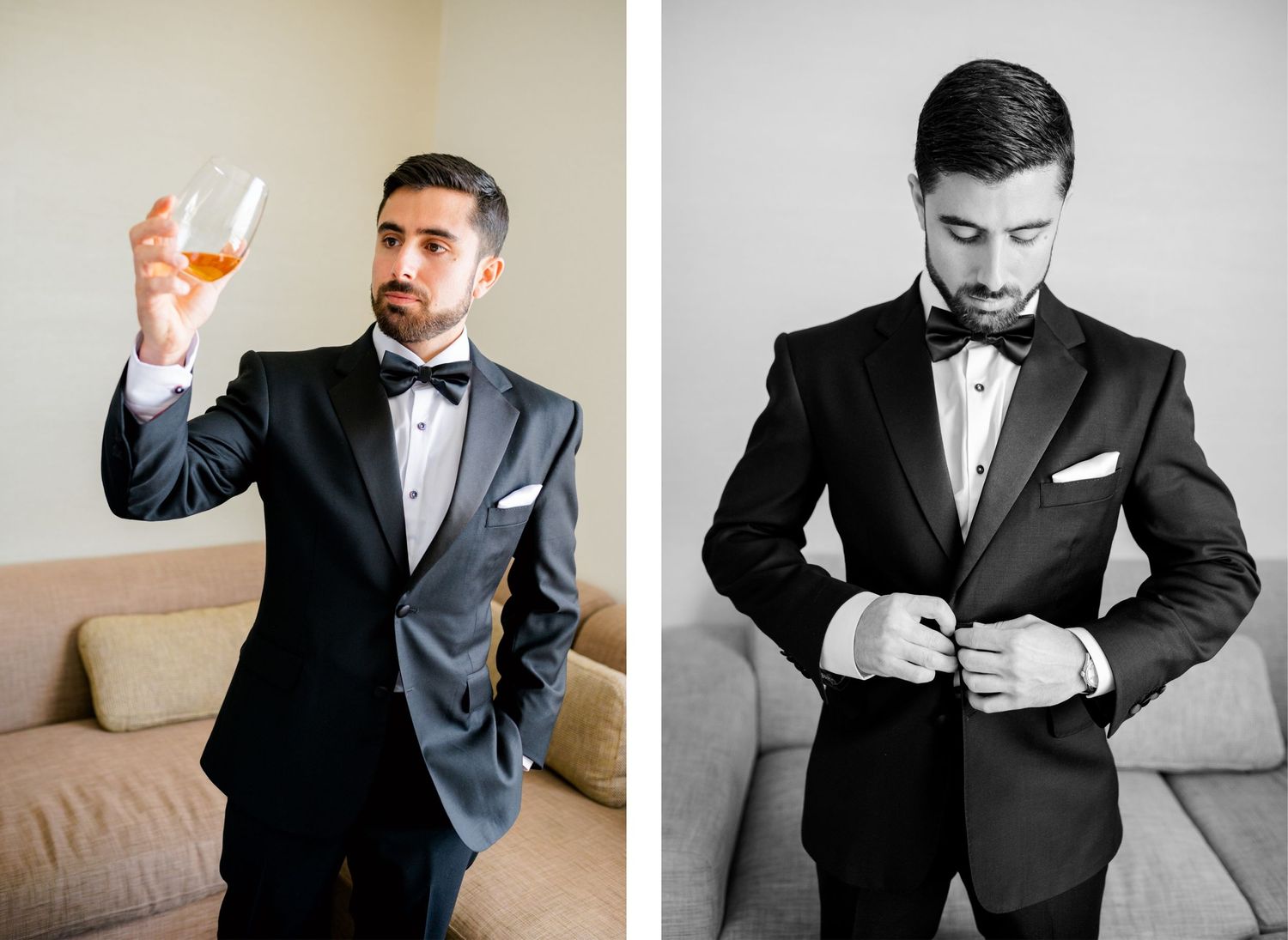Side by side formal portraits showing person in tuxedo holding drink and adjusting jacket.