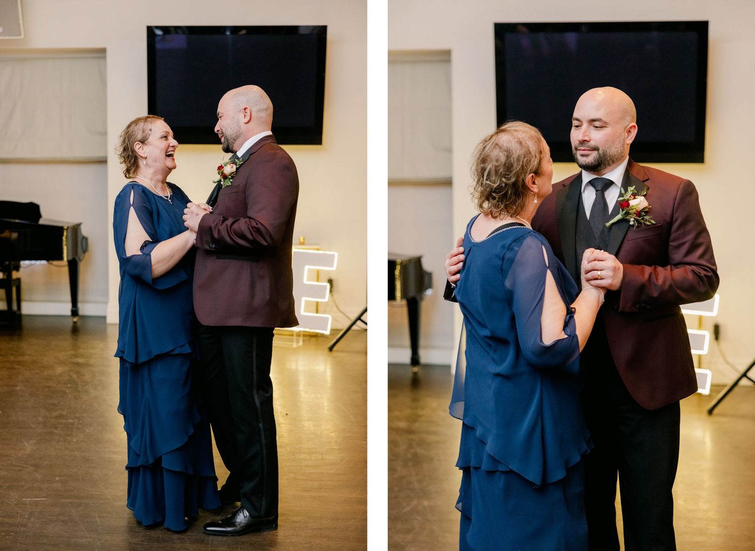 Two candid dance photos showing a couple in navy and burgundy formal attire sharing a special moment.