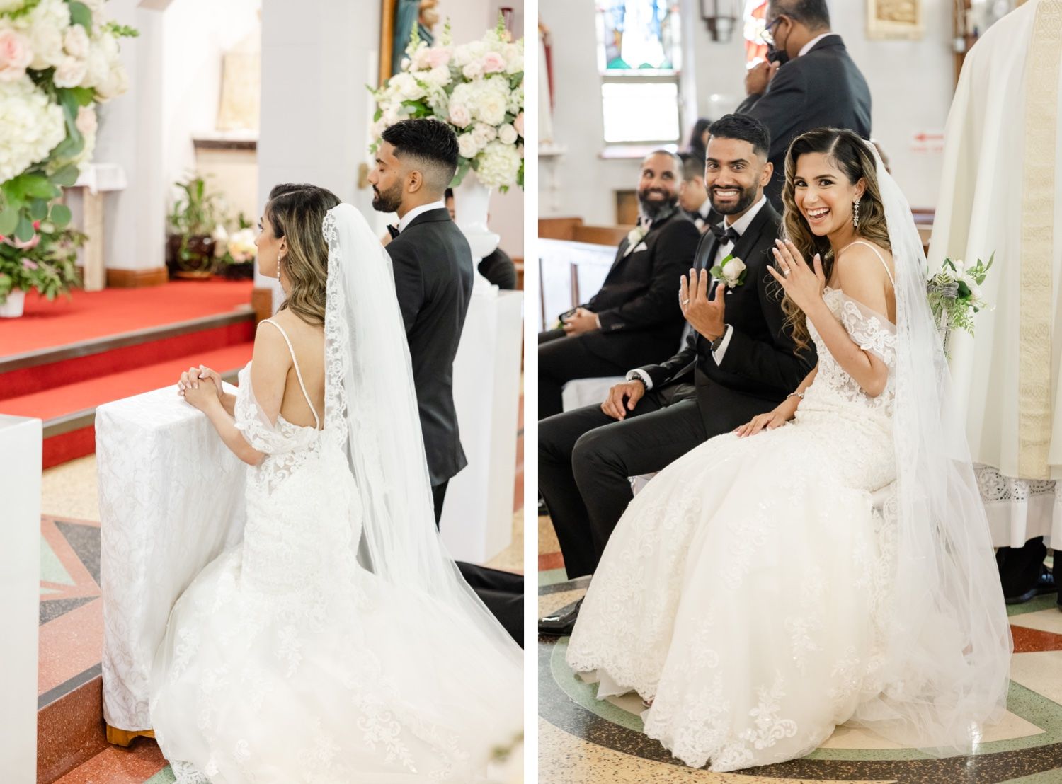 Two candid moments from a church wedding ceremony showing the couple seated and standing.