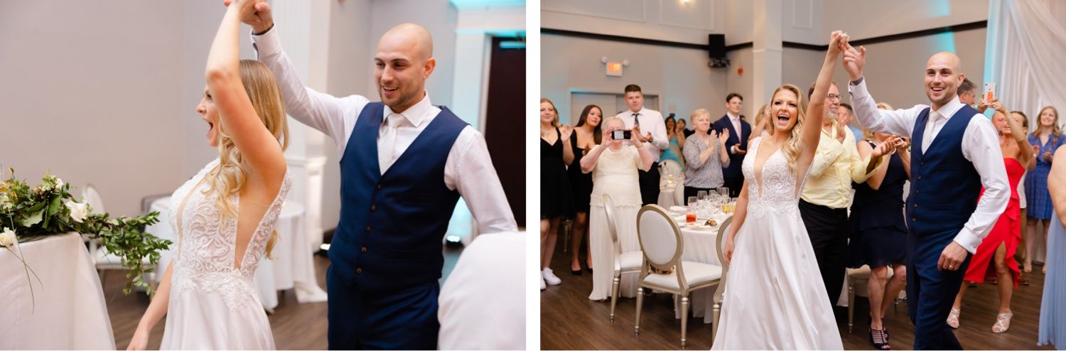 Joyful wedding celebration with dancing and guest reactions in reception hall.