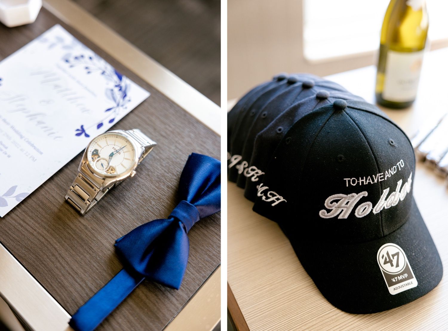 Wedding accessories including gold watch, blue bow tie, and baseball cap on wooden surface.