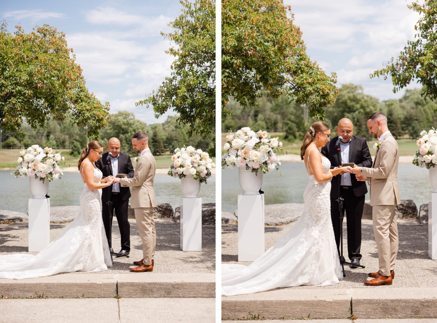 Wedding ceremony moments captured against scenic lake backdrop with elegant white floral decorations.