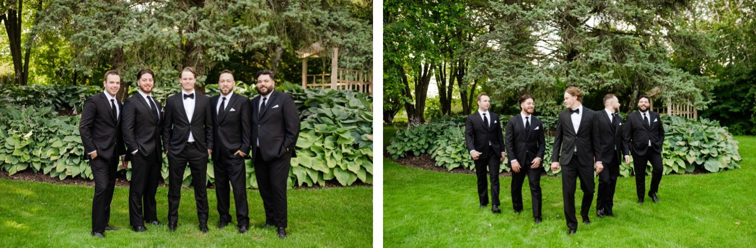 Side-by-side photos of groomsmen in black suits walking and posing in a garden setting.