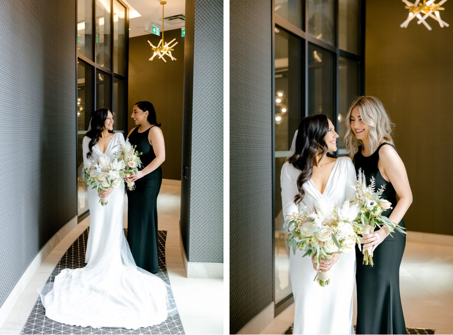 Candid wedding party photos showing bridesmaids in black gowns with bride in white.