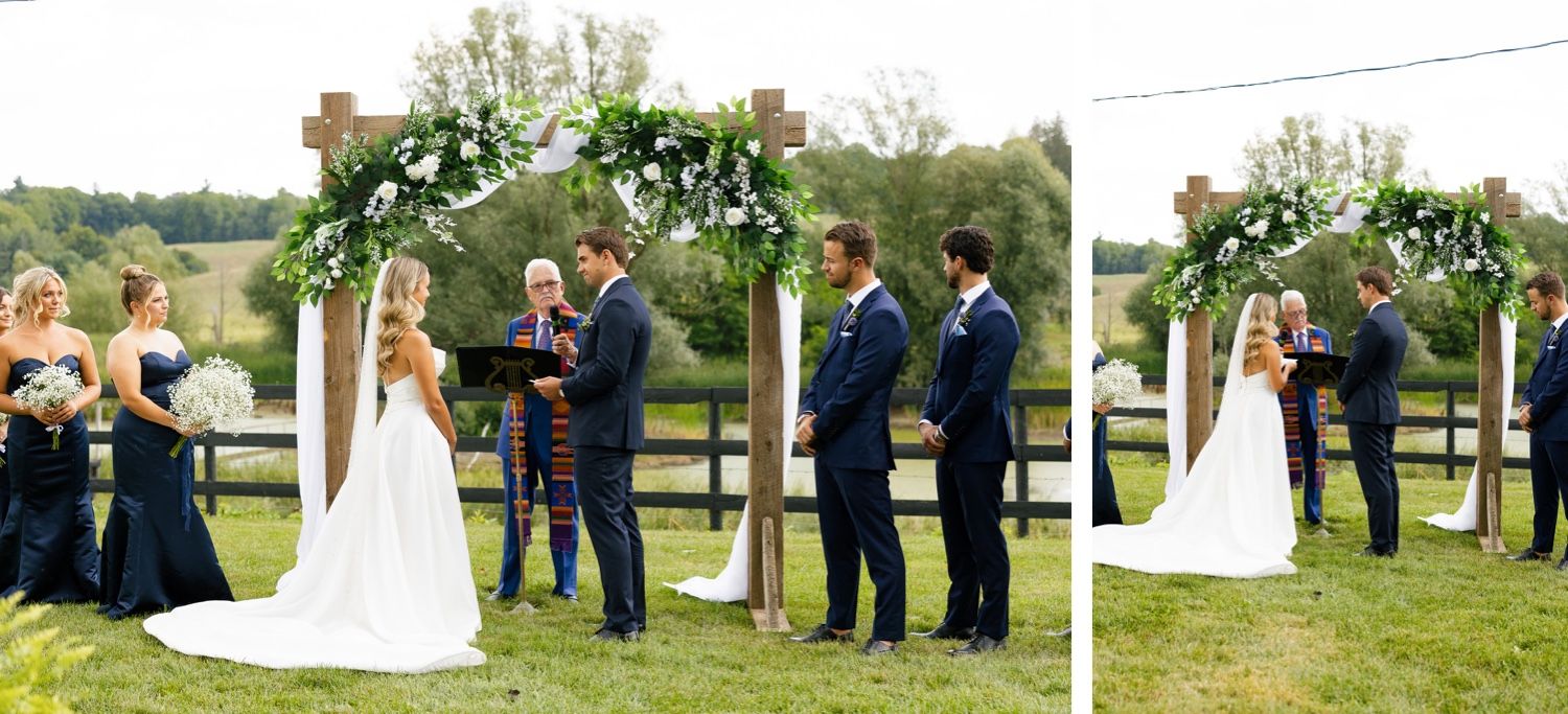Side-by-side photos capture moments from an outdoor wedding ceremony under a decorated arch.
