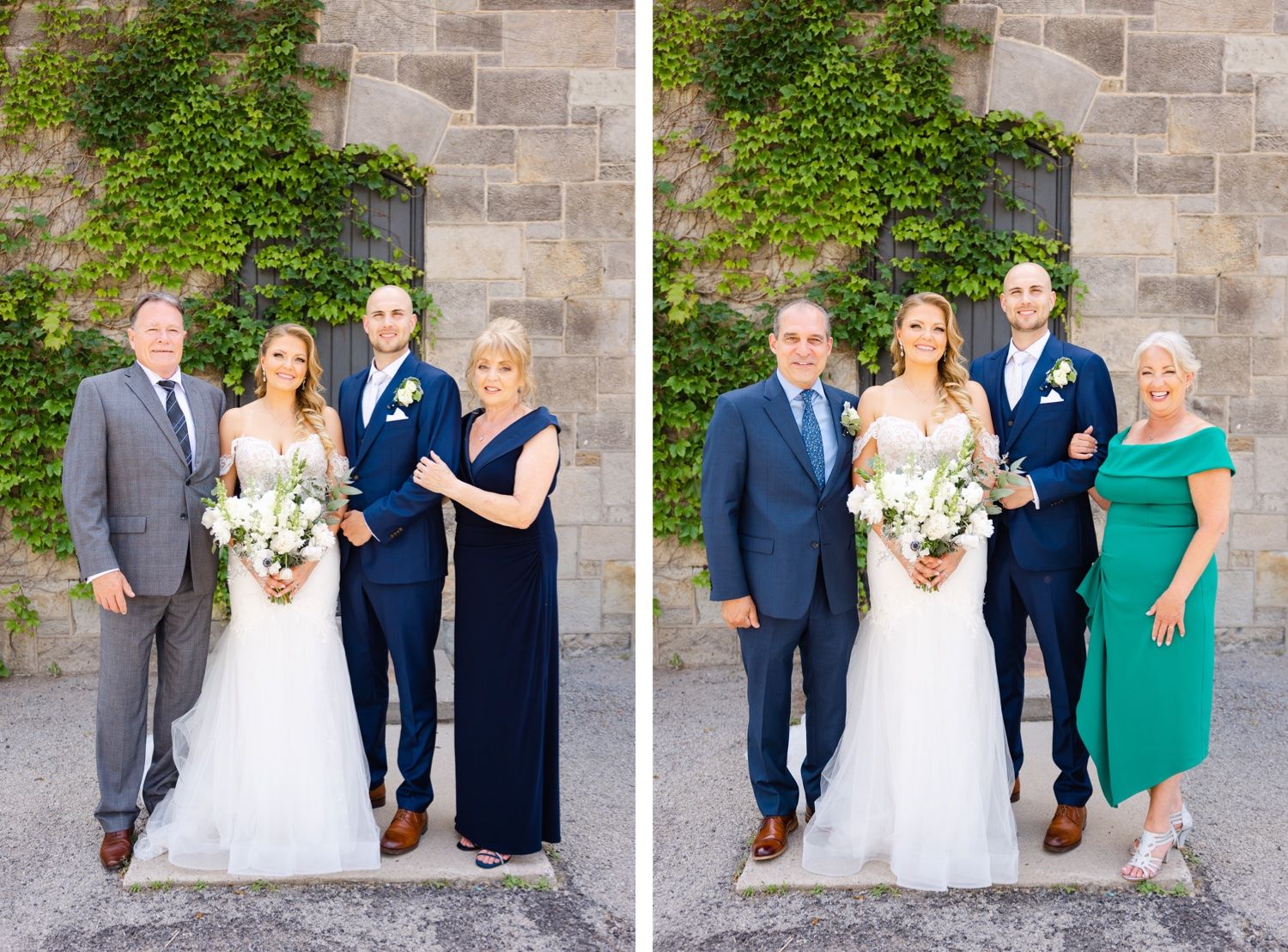 Classic formal family wedding portraits against rustic stone wall with ivy.