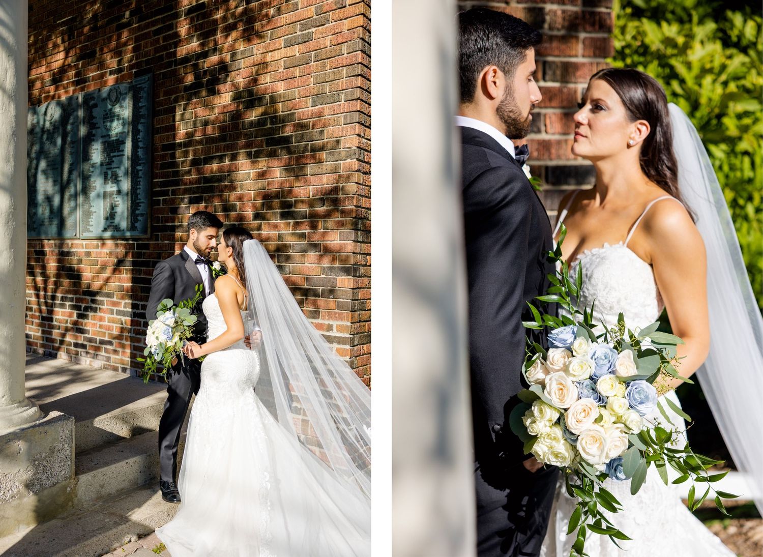 Elegant wedding photos against a brick building showcase a flowing cathedral veil and white floral bouquet.