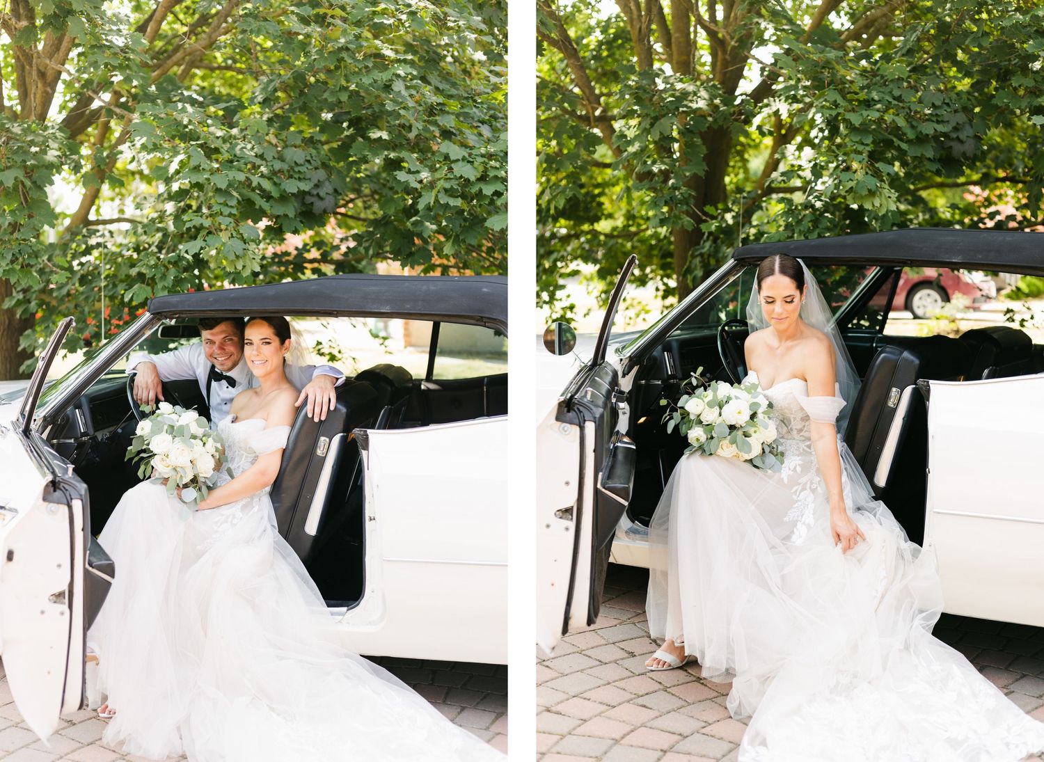 Side-by-side wedding photos with vintage white Cadillac on brick paving.
