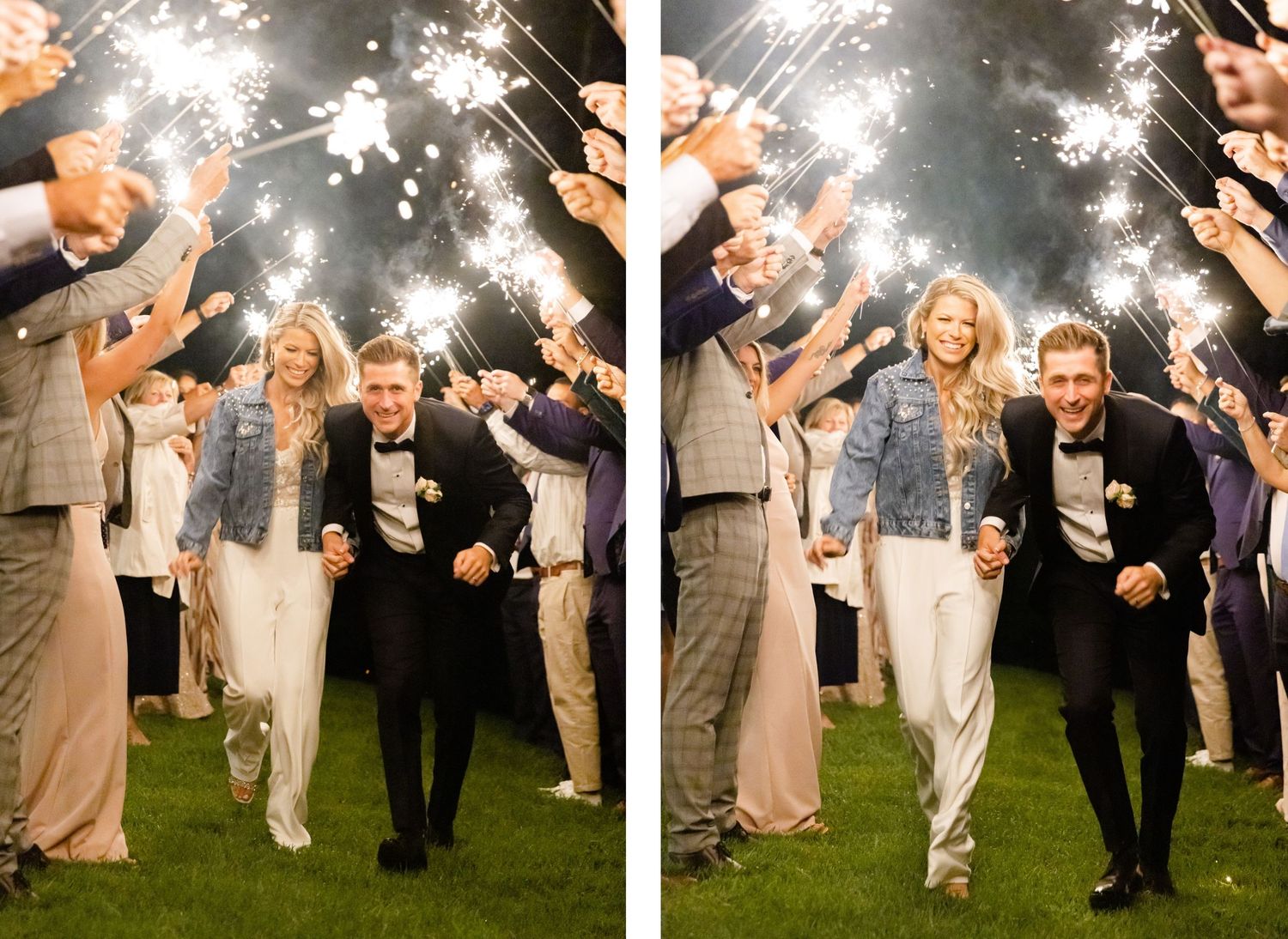 Couple run through sparkler exit tunnel while guests cheer at outdoor evening wedding celebration.
