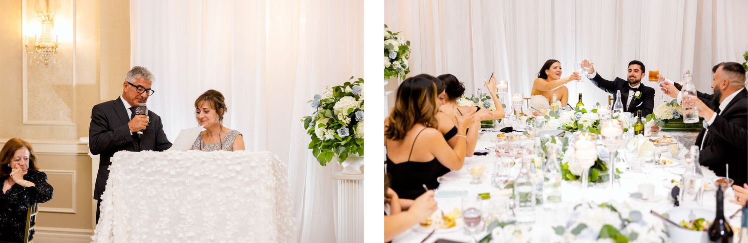 Split image showing intimate moments during wedding reception speeches.