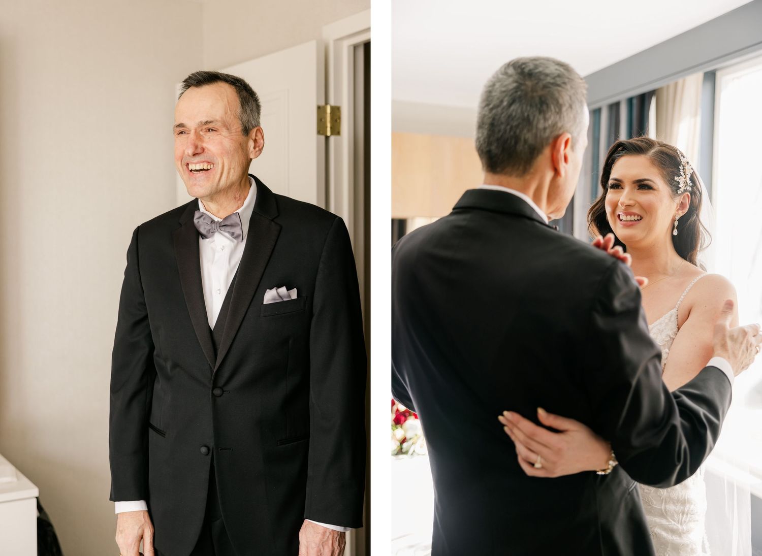 Side by side shots showing formal wedding day preparations and emotional moments.