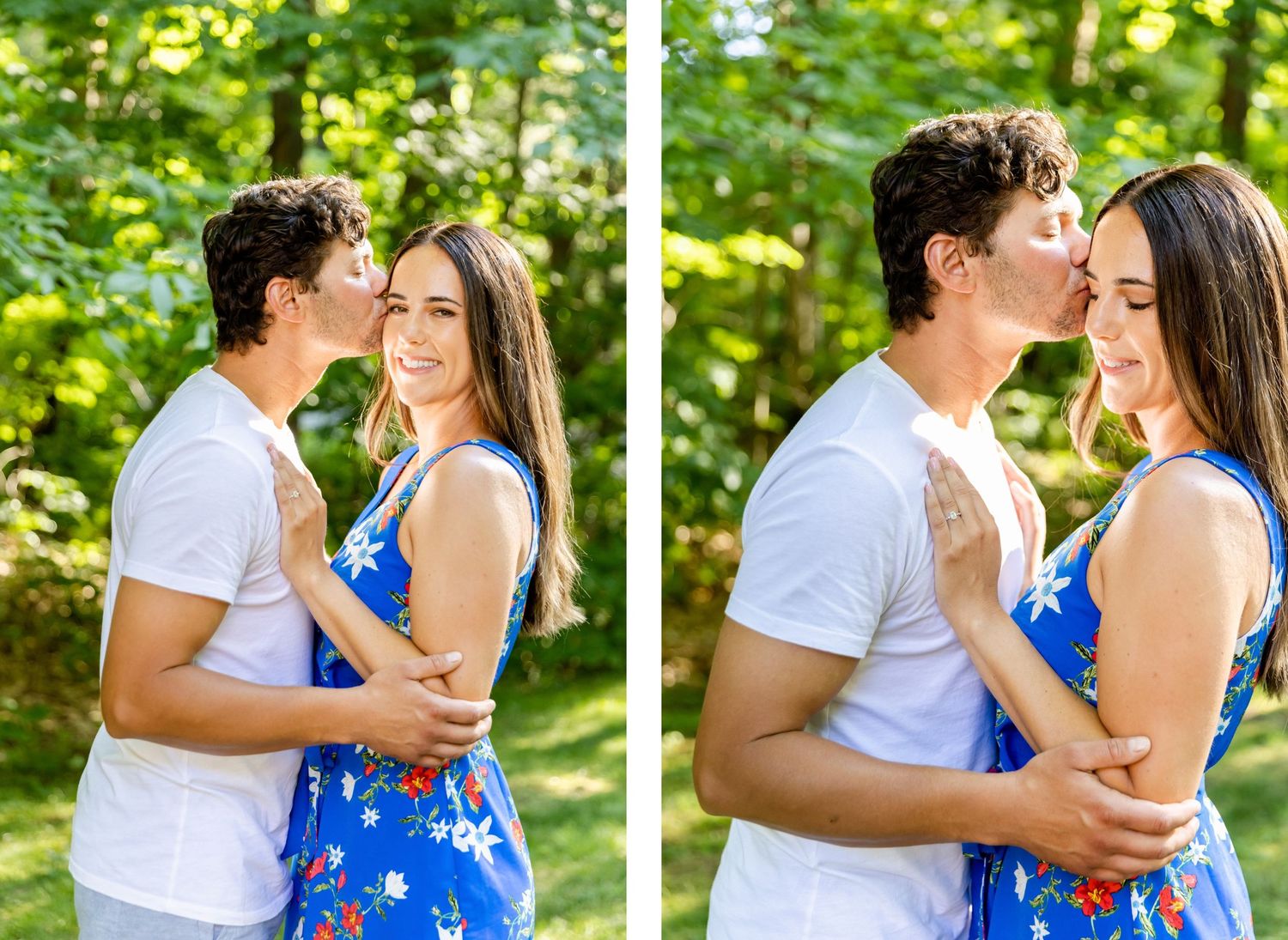 A tender embrace between a couple dressed in summer attire during their outdoor photo session.
