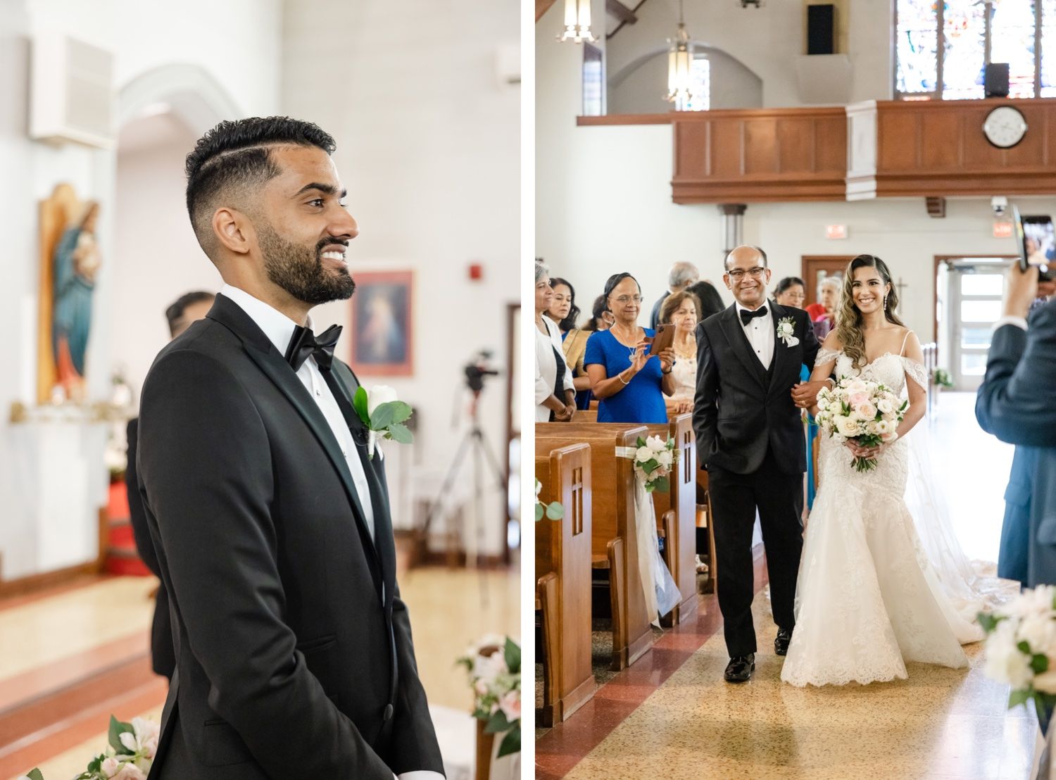A wedding ceremony in progress at a traditional church with pews decorated in white floral arrangements.