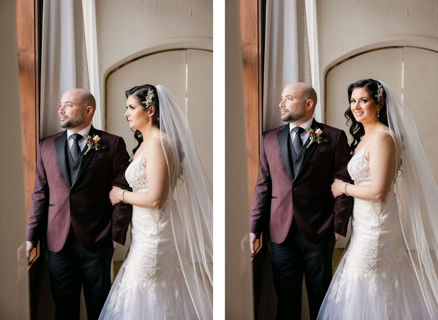 Side-by-side wedding portraits showing a couple in formal attire against a light backdrop.