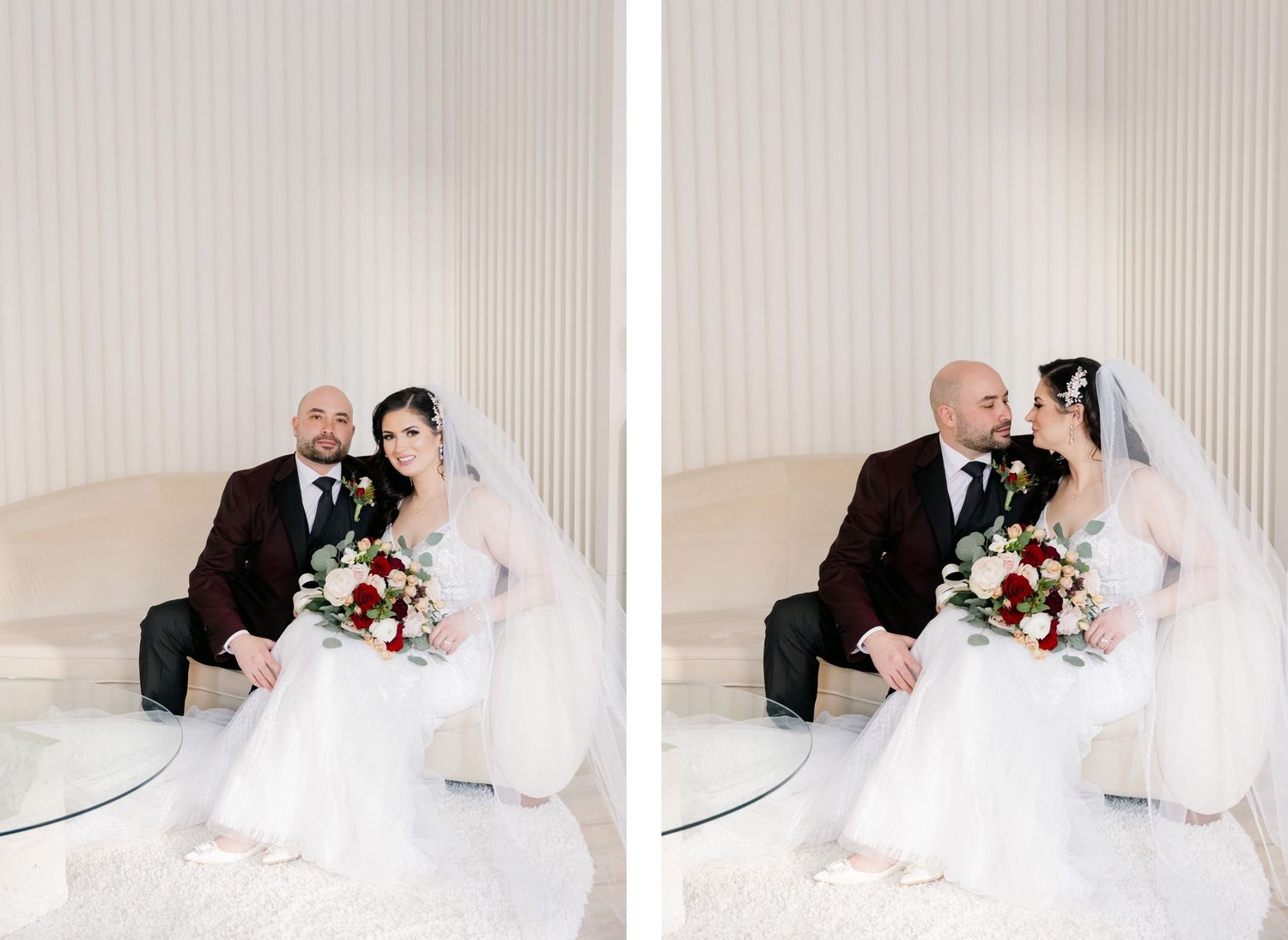 Split photo of wedding couple sharing sweet moments on white modern seating.