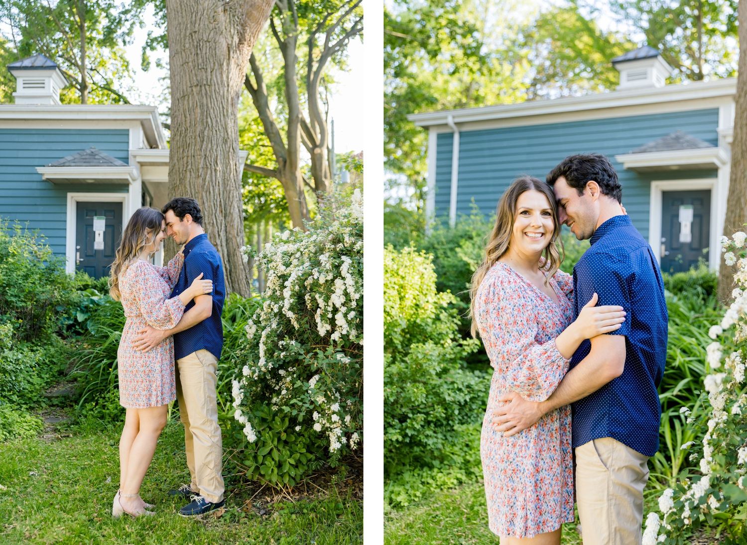 Romantic couple poses among flowering bushes beside blue house in split image composition.