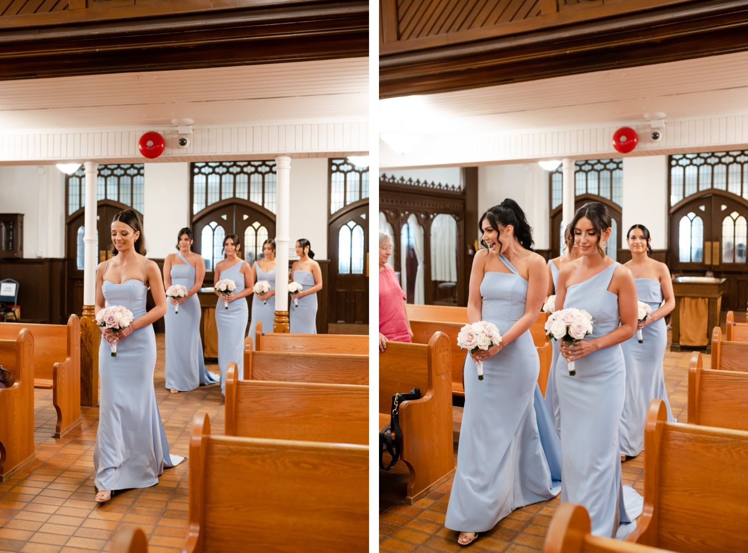 Bridesmaids in matching light blue dresses walking down church aisle during ceremony.