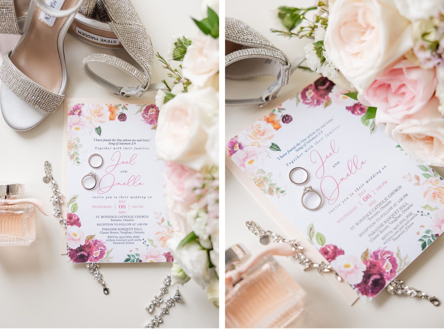 Wedding details featuring floral invitations, sparkly shoes, and rings in elegant styling.