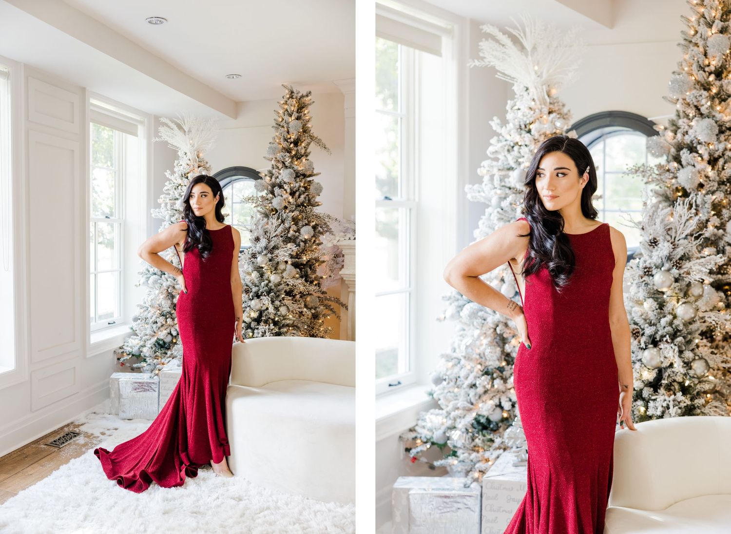Holiday fashion photoshoot with red mermaid gown and snow-flocked Christmas trees.