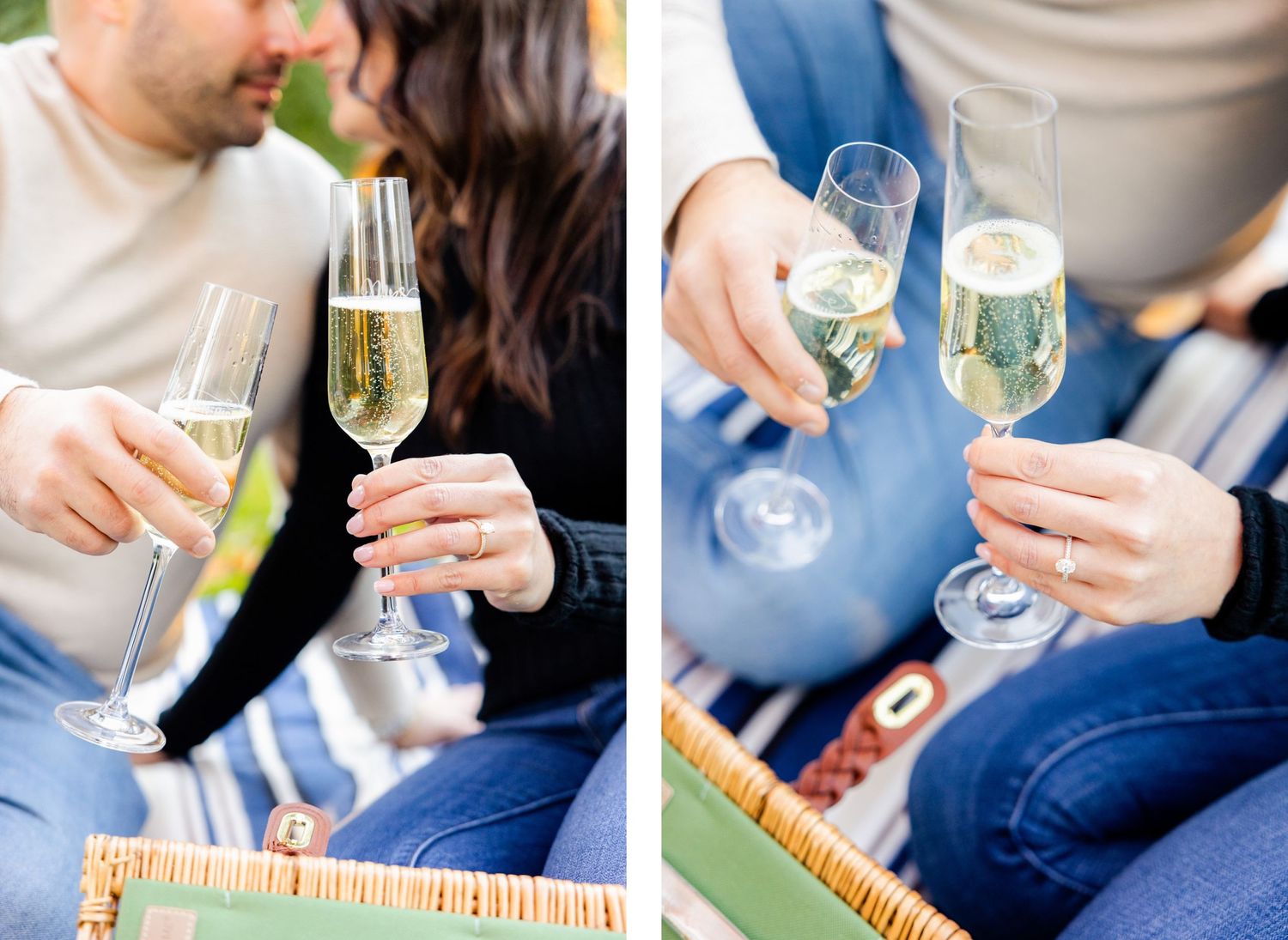 Close-up of champagne glasses during intimate outdoor picnic date.
