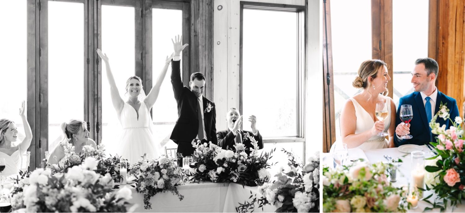 Wedding celebration collage showing joyful moments at reception.