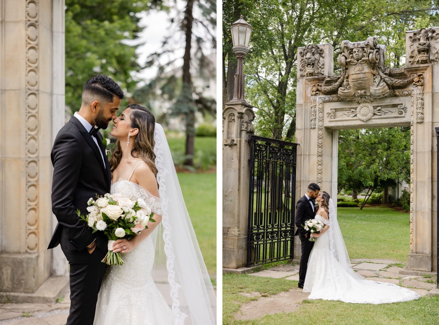 A romantic wedding portrait showing a couple embracing in a garden beside an ornate stone archway entrance.