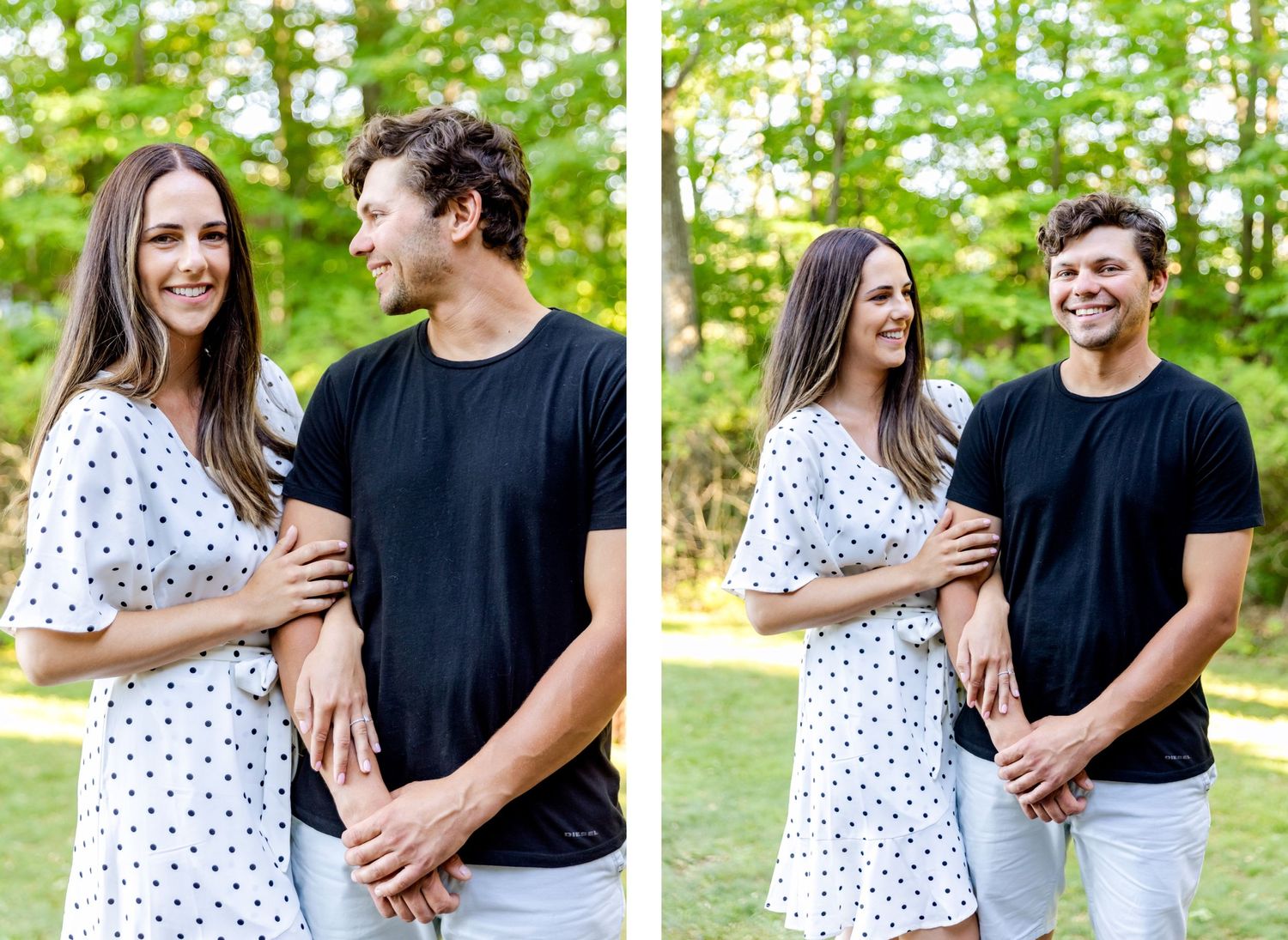 A couple shares intimate moments outdoors wearing coordinated casual outfits against a green forest backdrop.